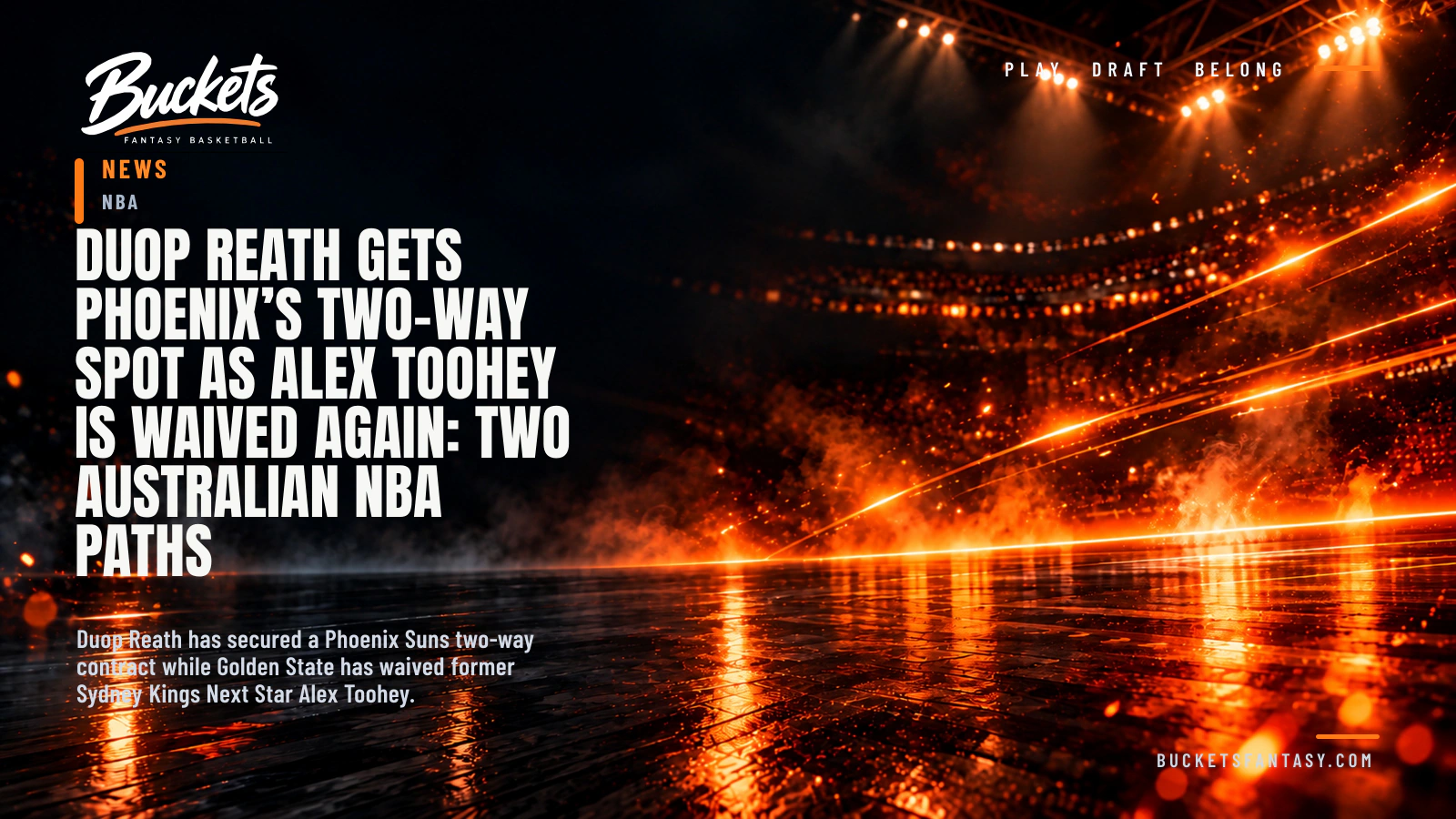 Duop Reath Gets Phoenix’s Two-Way Spot as Alex Toohey Is Waived Again: Two Australian NBA Paths — Buckets editorial graphic