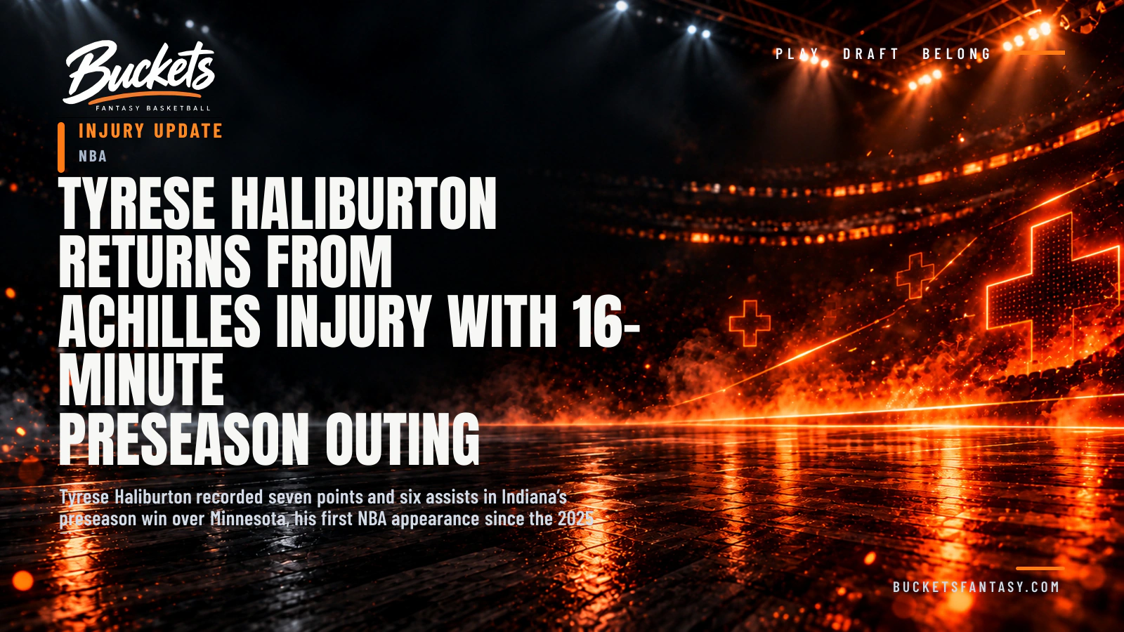 Tyrese Haliburton Returns From Achilles Injury With 16-Minute Preseason Outing — Buckets editorial graphic