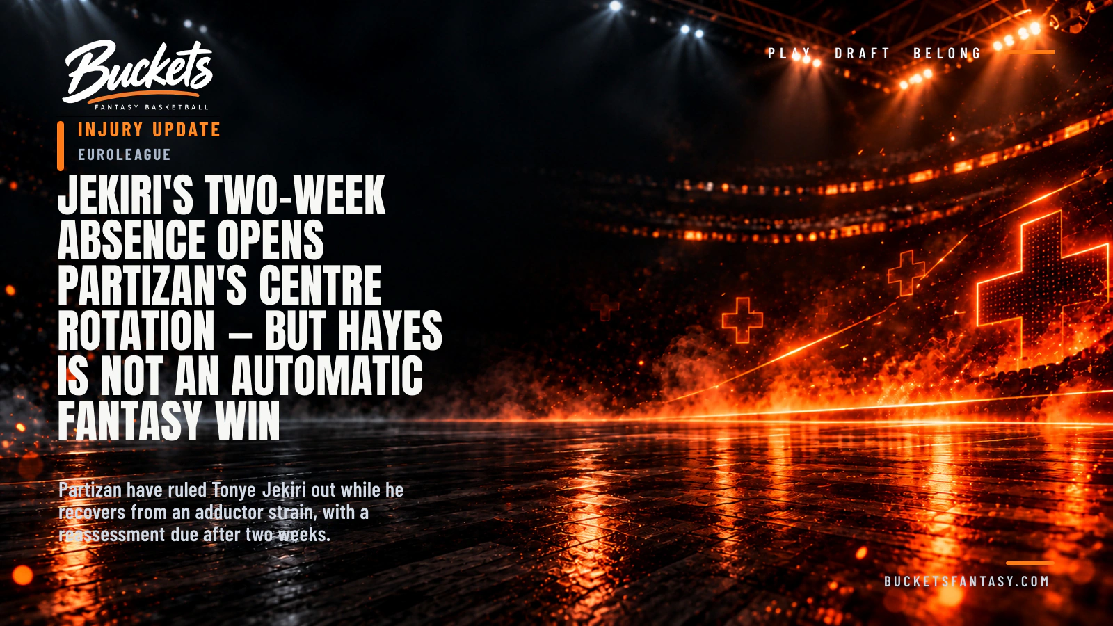 Jekiri's Two-Week Absence Opens Partizan's Centre Rotation — But Hayes Is Not an Automatic Fantasy Win — Buckets editorial graphic